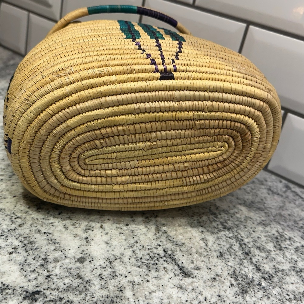 Handcrafted Woven Basket Bag with Lid Teal Purple Geometric Natural Straw Tan - Picture 7 of 13